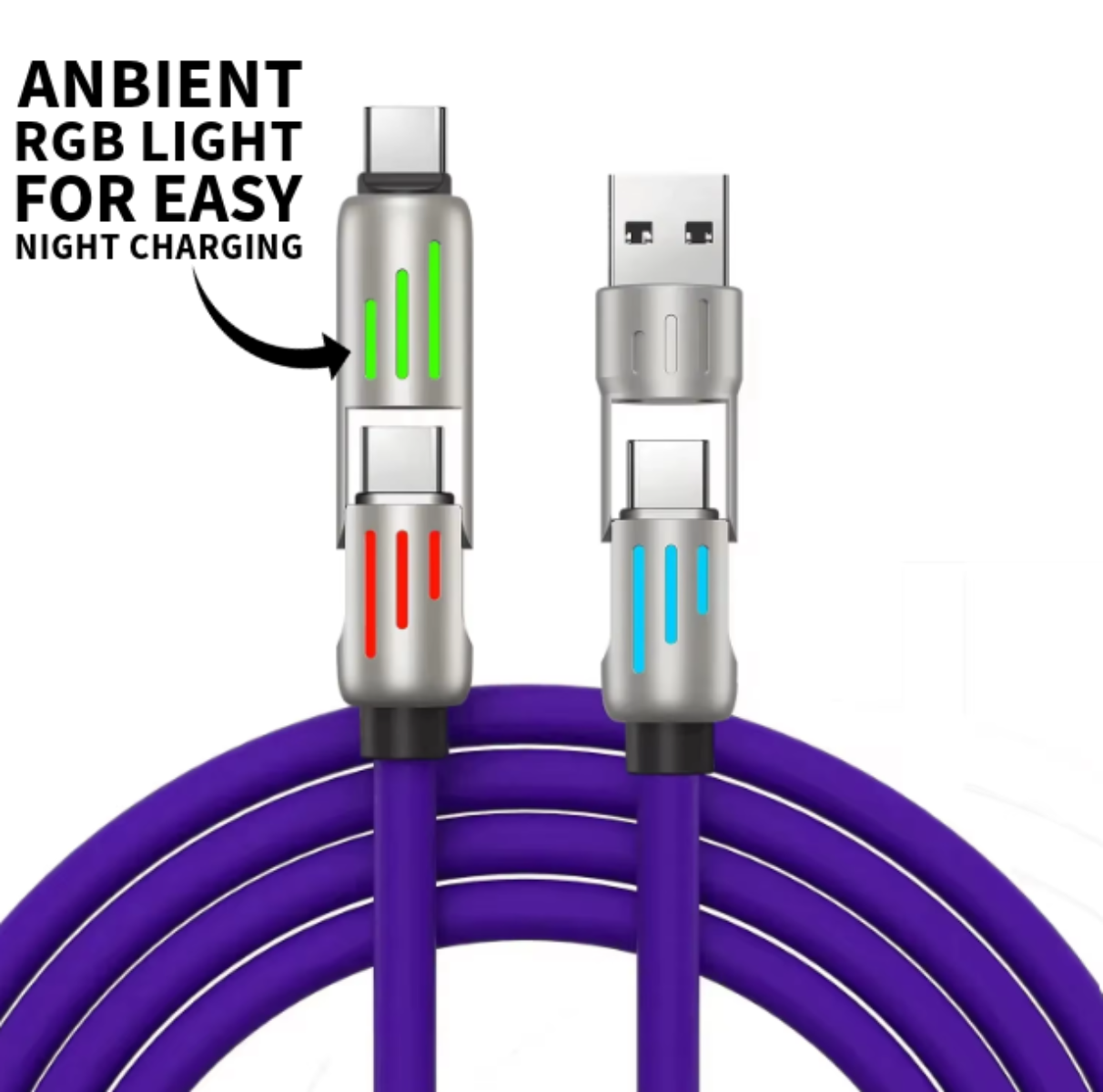 4-in-1 Multi USB Fast Charger Cable 240W USB A, Type C, 65W Max for iPhone, Android, Multi Device Charging Cable with Ambient Lights