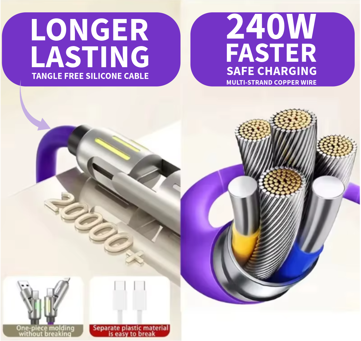 4-in-1 Multi USB Fast Charger Cable 240W USB A, Type C, 65W Max for iPhone, Android, Multi Device Charging Cable with Ambient Lights